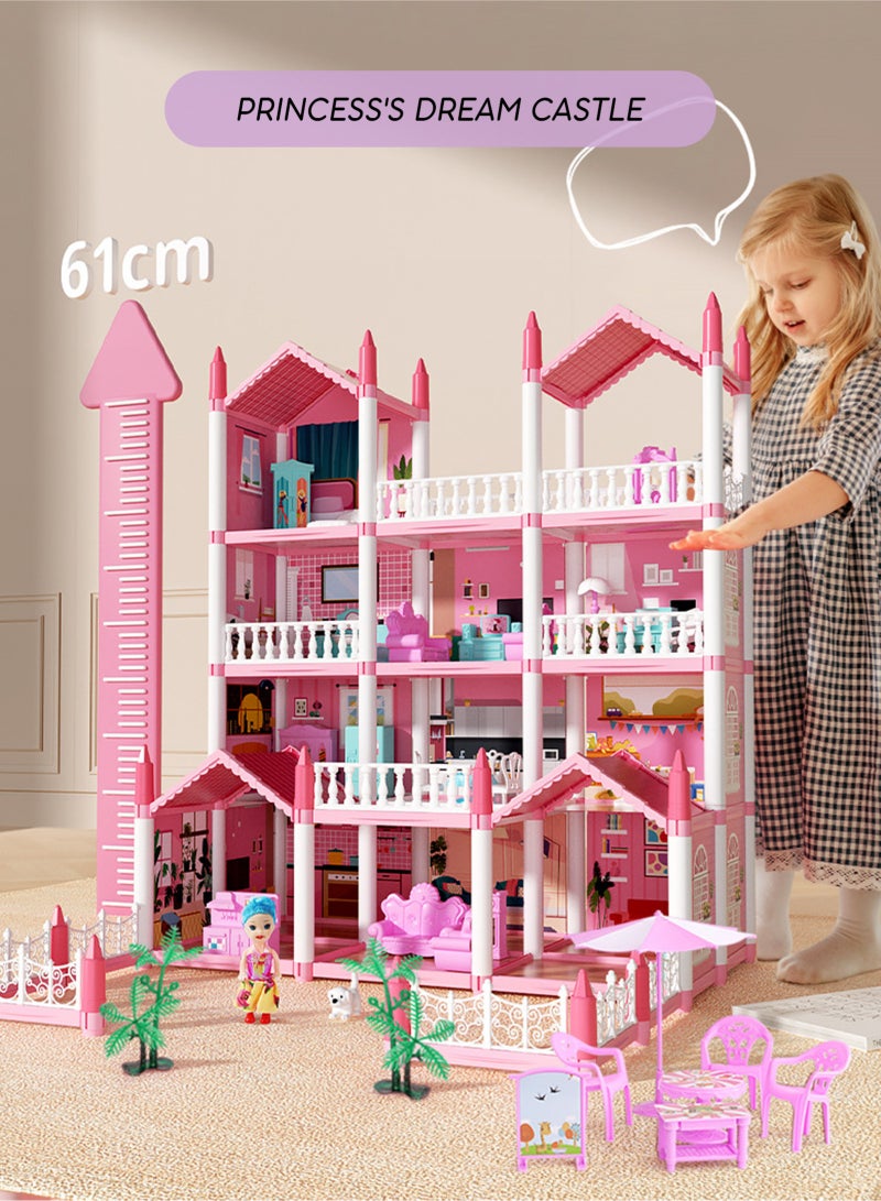 URbazaar Castle Doll House Dreamhome, 4-Story 14 Rooms Dollhouse Playhouse with Doll and Furniture, Pretend Dream Dollhouse Playset Pink Girl Toys, Sturdy Construction, Easy to Move, Ideal Gift Toy - Image 4